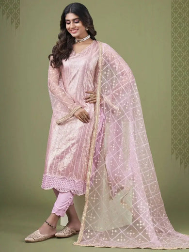 Pleasant Pink Sequins Embroidered Net Festive Wear Salwar Kameez